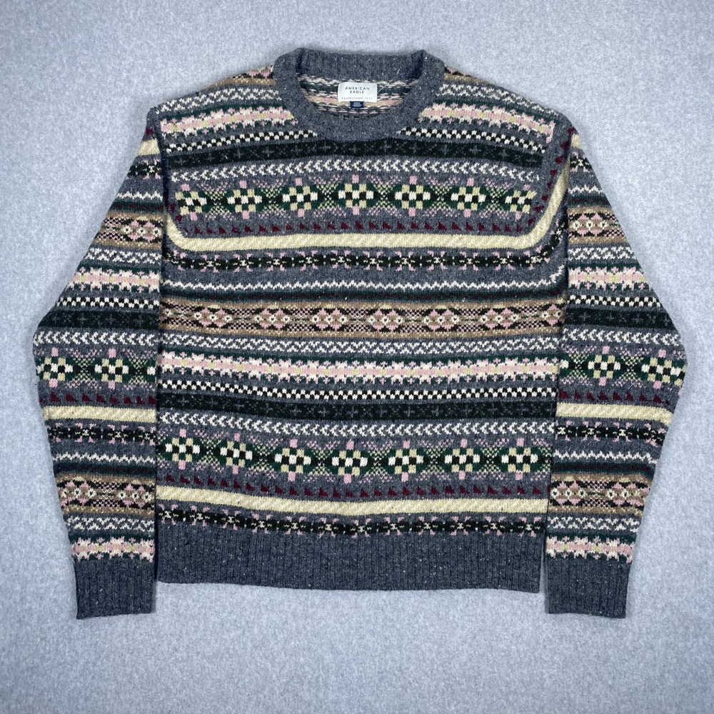 American Eagle Sweater Mens Medium Gray Fair Isle Knit Crewneck Long Sleeve